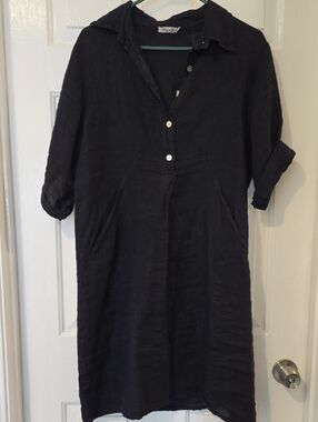 Linen Relaxed Button-Front Women’s Dress in Navy